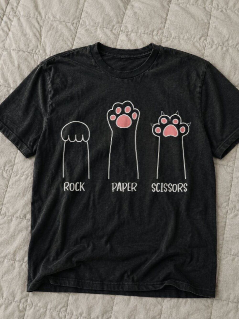 Funny Rock Paper Scissors Cat Paws Graphic T-Shirt Black Tee